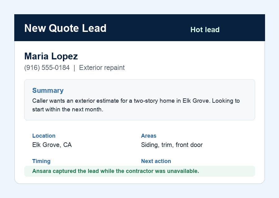 Example Ansara Voice lead alert showing a captured painting estimate request